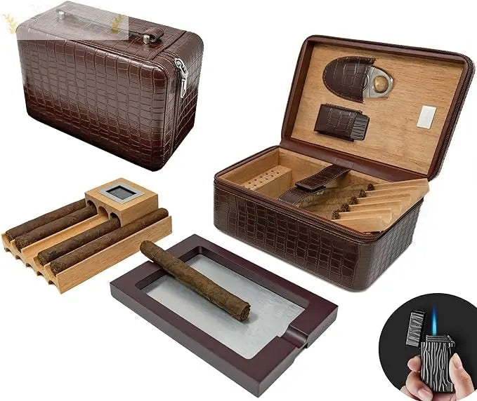 Manhattan XL Leather Travel Cigar Humidor Case Set (Hygrometer, Ashtray, Cutter, Lighter, Humidifier) Humidor Enthusiast