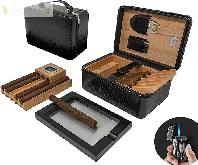 Manhattan XL Leather Travel Cigar Humidor Case Set (Hygrometer, Ashtray, Cutter, Lighter, Humidifier) Humidor Enthusiast