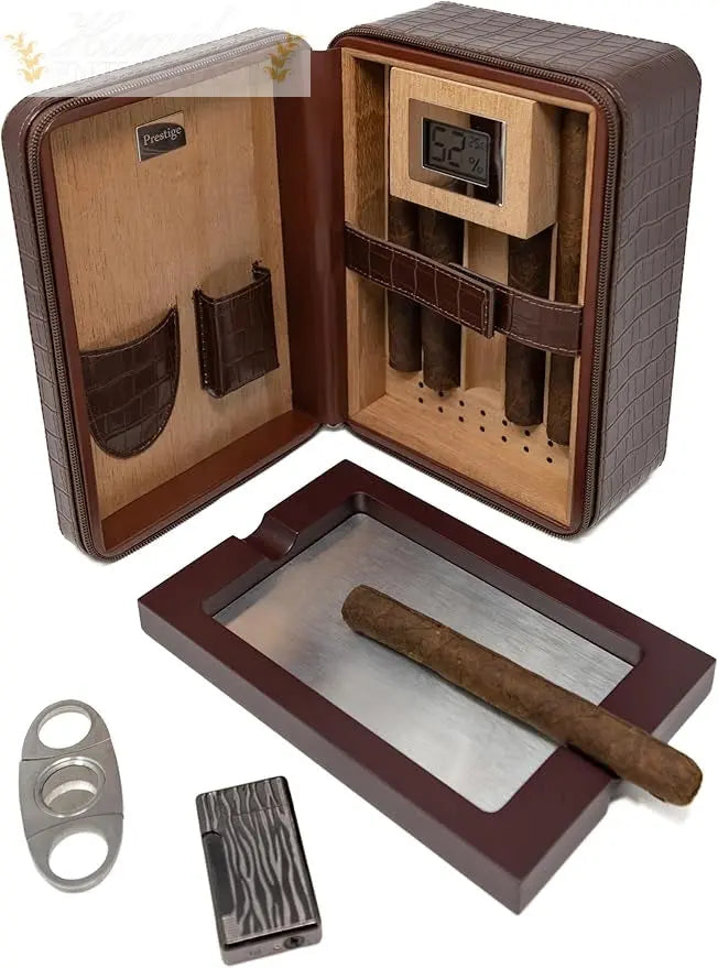 Manhattan XL Leather Travel Cigar Humidor Case Set (Hygrometer, Ashtray, Cutter, Lighter, Humidifier) Humidor Enthusiast