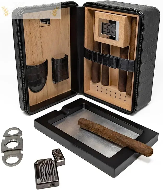 Manhattan XL Leather Travel Cigar Humidor Case Set (Hygrometer, Ashtray, Cutter, Lighter, Humidifier) Humidor Enthusiast