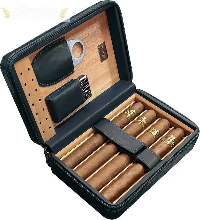 The Manhattan Ostrich Motif Leather Travel Humidor Cigar Case Gift Set with Zipper - Humidor Enthusiast