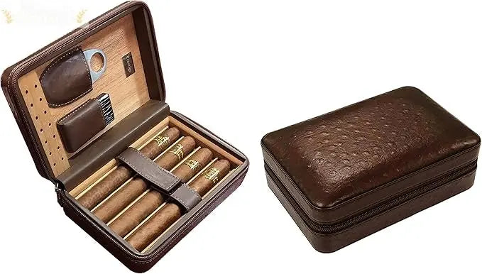 The Manhattan Ostrich Motif Leather Travel Humidor Cigar Case Gift Set with Zipper - Humidor Enthusiast