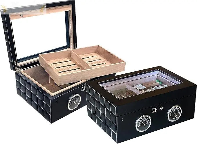 Lemans GT 120 Count Desktop Cigar Humidor with Biometric Finger Print Electronic Lock & LED Interior Lighting - Humidor Enthusiast