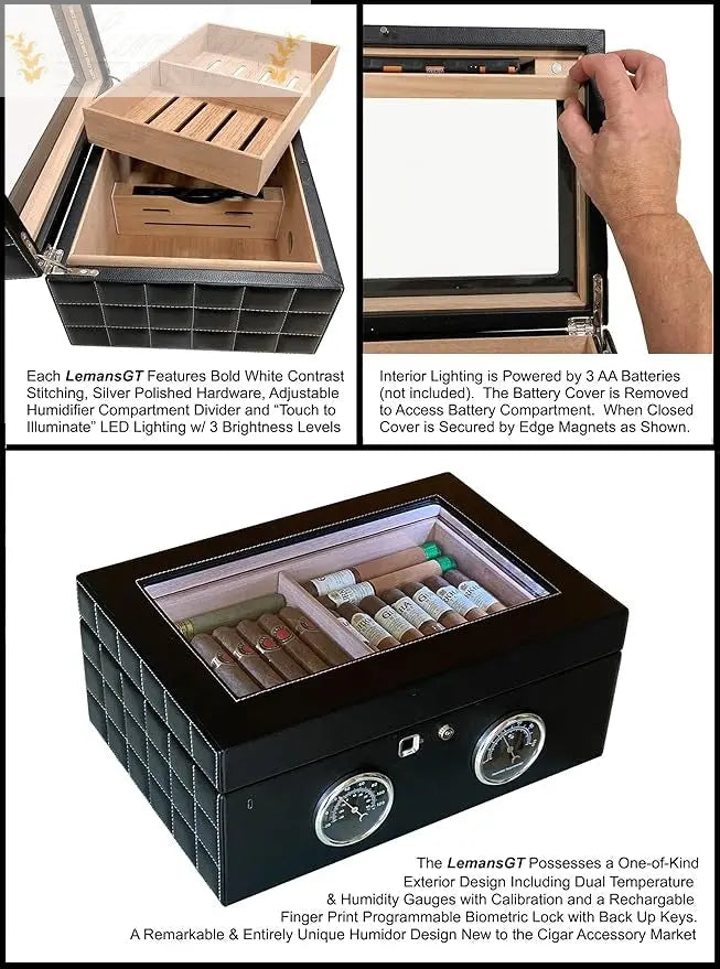 Lemans GT 120 Count Desktop Cigar Humidor with Biometric Finger Print Electronic Lock & LED Interior Lighting - Humidor Enthusiast