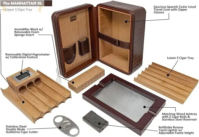 Manhattan XL Leather Travel Cigar Humidor Case Set (Hygrometer, Ashtray, Cutter, Lighter, Humidifier) Humidor Enthusiast