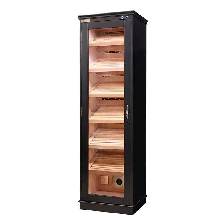 tobacco humidor LIHTUN Wooden Humidor, Glass Top Cigar Box with Digital Hygrometer, Adjustable Humidifier, Accessories Drawer, Holds Up to 35 Cigars in digital hygrometer offers real Engraved Office Message Black Cigar