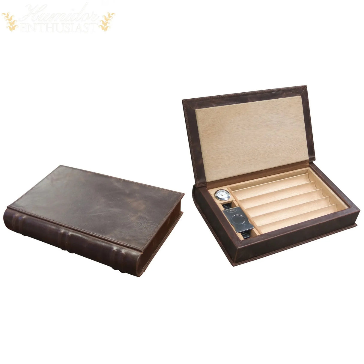 The Novelist Brown Leather Book Travel Cigar Humidor - Humidor Enthusiast